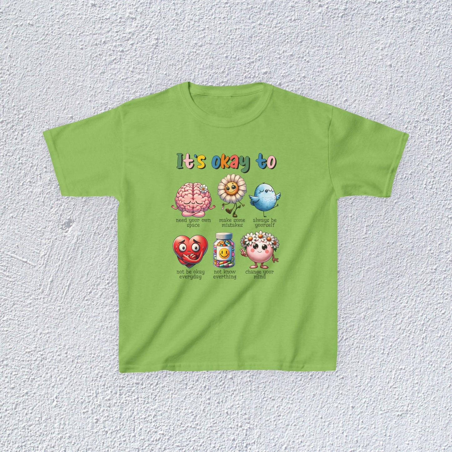 It is Okay To Heavy Cotton™ Tee, Adorable Kids T-Shirt, Positive Message Tee, Gift for Mental Health, Colorful Motivational Shirt