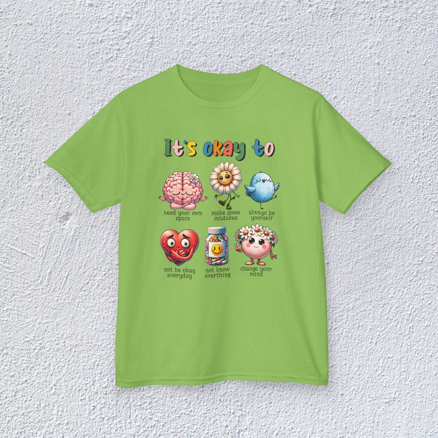 It is Okay To Heavy Cotton™ Tee, Adorable Kids T-Shirt, Positive Message Tee, Gift for Mental Health, Colorful Motivational Shirt