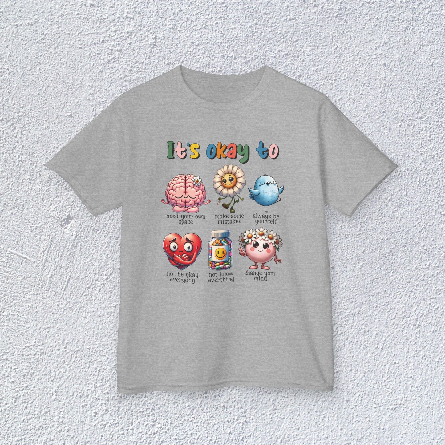 It is Okay To Heavy Cotton™ Tee, Adorable Kids T-Shirt, Positive Message Tee, Gift for Mental Health, Colorful Motivational Shirt