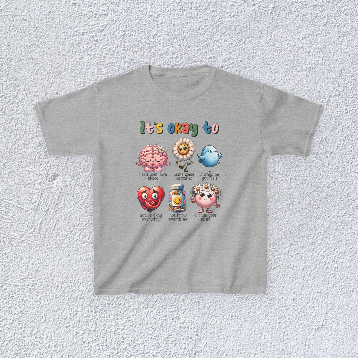 It is Okay To Heavy Cotton™ Tee, Adorable Kids T-Shirt, Positive Message Tee, Gift for Mental Health, Colorful Motivational Shirt